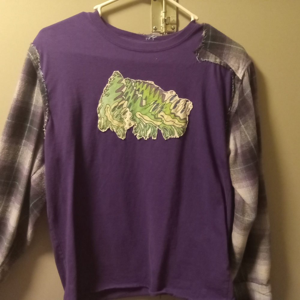 Purple Long-Sleeve Graphic Tee with Plaid Sleeves